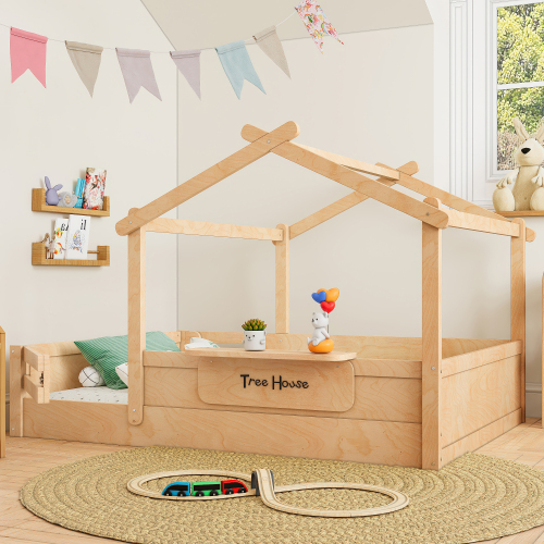 Full Size Floor Bed with Guardrails and Roof, Kids House Floor Bed with a Small Built-in Tray and Free-installed Signboard, Childlike Design, Natural - MDF,Pine,Plywood - MDF