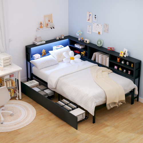 Twin Corner Daybed with Storage Drawers, Bookcase Headboard, LED Lighting & USB Charging Station - Black - Metal & Wood - Bedroom - Bed Frame - Box Spring Not Required - Engineered Hardwood - Metal - Black - Not Specified