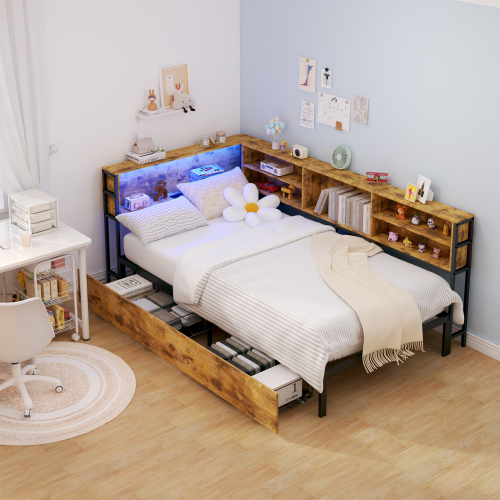 Twin Corner Daybed with Storage Drawers, Bookcase Headboard, LED Lighting & USB Charging Station - Brown - Metal & Wood - Bedroom - Bed Frame - Box Spring Not Required - Engineered Hardwood - Metal - Brown - Brown