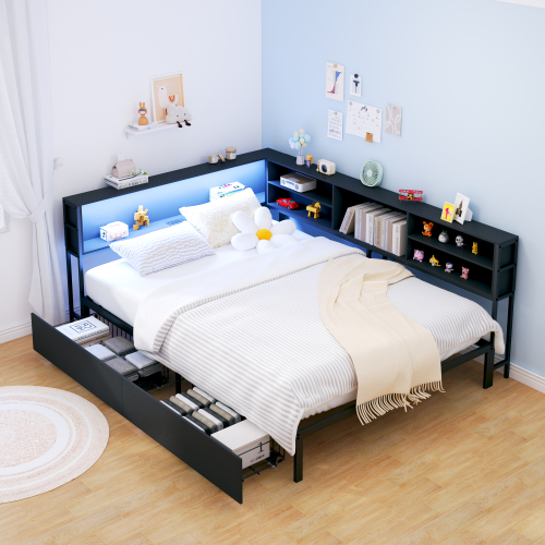 Full Corner Daybed with Storage, Bookcase Headboard, LED Light & Built-in Charging Station - Black - Metal & Wood - Bedroom - Bed Frame - Box Spring Not Required - Engineered Hardwood - Metal - Black - Not Specified