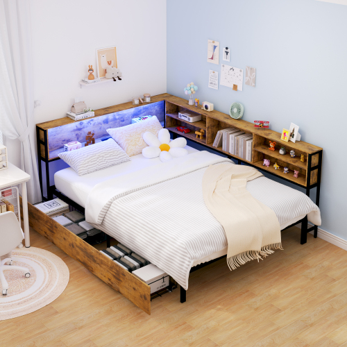 Full Corner Daybed with Storage, Bookcase Headboard, LED Light & Built-in Charging Station - Brown - Metal & Wood - Bedroom - Bed Frame - Box Spring Not Required - Engineered Hardwood - Metal - Brown - Brown