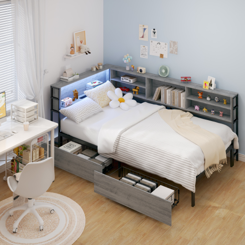 Twin Corner Daybed with Storage Drawers, Bookcase Headboard, LED Lighting & USB Charging Station - Gray - Metal & Wood - Bedroom - Bed Frame - Box Spring Not Required - Engineered Hardwood - Metal - Gray - Gray