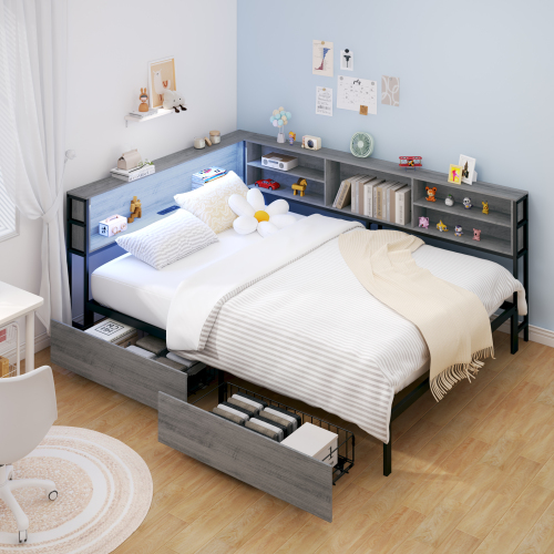 Full Corner Daybed with Storage, Bookcase Headboard, LED Light & Built-in Charging Station - Gray - Metal & Wood - Bedroom - Bed Frame - Box Spring Not Required - Engineered Hardwood - Metal - Gray - Gray