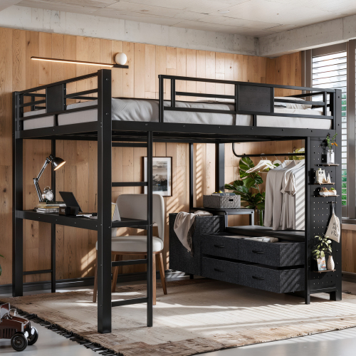 Queen Size Loft Bed with Desk & Shelves, Black Metal Loft Bed Frame with clothesline pole, Storage pegboard, laundry bag,Space-Saving Adult Loft for Dorms, Bedroom,Black - MDF+Metal