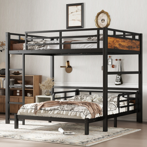 Full over Full Metal Bunk Bed/Metal Loft Bed and Metal Platform Beds,with raised security fence,Vintage Wood-colored - Black+Vintage - MDF+Metal