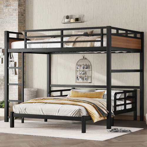 Full over Full Metal Bunk Bed/Metal Loft Bed,Separable Bunk Beds,with raised security fence,Walnut Color - MDF+Metal - MDF