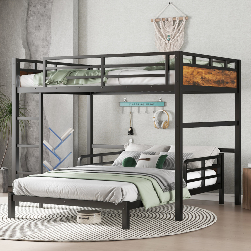 Full XL over Full XL Metal Bunk Bed/Metal Loft Bed and Metal Platform  Beds,with raised security fence,Vintage Wood-colored - Black+Vintage - MDF+Metal