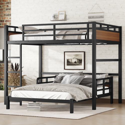 Full XL over Full XL Metal Bunk Bed/Metal Loft Bed,Separable Bunk Beds,with raised security fence,Walnut Color - MDF+Metal - MDF