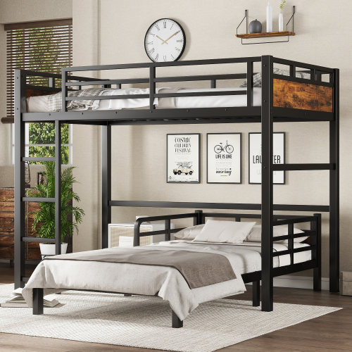 Twin XL over Twin XL Metal Bunk Bed/Metal Loft Bed and Metal Platform Beds,with raised security fence,Vintage Wood-colored - Vintage,Wood - MDF+Metal