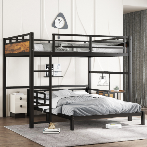 Queen over Queen Metal Bunk Bed/Metal Loft Bed and Metal Platform Beds,with raised security fence,Vintage Wood-colored - Vintage,Wood - MDF+Metal
