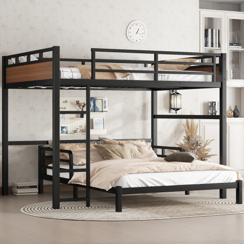 Queen over Queen Metal Bunk Bed/Metal Loft Bed,Separable Bunk Beds,with raised security fence,Walnut Color - MDF+Metal - MDF
