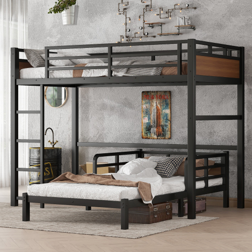 Twin XL over Twin XL Metal Bunk Bed/Metal Loft Bed,Separable Bunk Beds,with raised security fence,Walnut Color - MDF,Metal - MDF