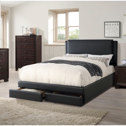 Black Luxurious Queen Size Bed w Storage Drawers FB Modern Faux Leather Upholstered Bedroom Furniture 1pc Bed Set - Faux Leather,Foam,Partice Board+MDF+Pine Wood,Rubber Wood - Contemporary,Modern,Transitional - Bed Frame - Poplar - Wood