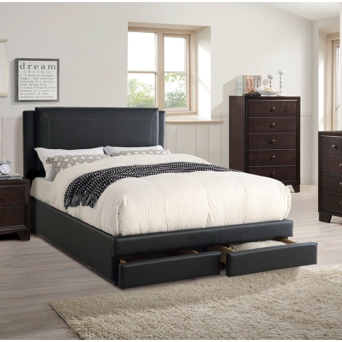 Black Luxurious Full Size Bed w Storage Drawers FB Modern Faux Leather Upholstered Bedroom Furniture 1pc Bed Set - Faux Leather,Foam,Partice Board+MDF+Pine Wood,Rubber Wood - Contemporary,Modern,Transitional - Bed Frame - Poplar - Wood