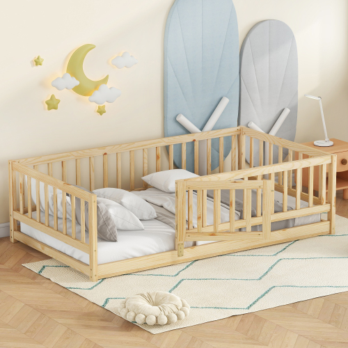 Twin Size Floor Bed with Slats, Montessori Floor Bed with Fence and Door, Kids Montessori Bed Twin Size, Wood Montessori Floor Bed for Kids, Girls, Boys,Oak. - Pine