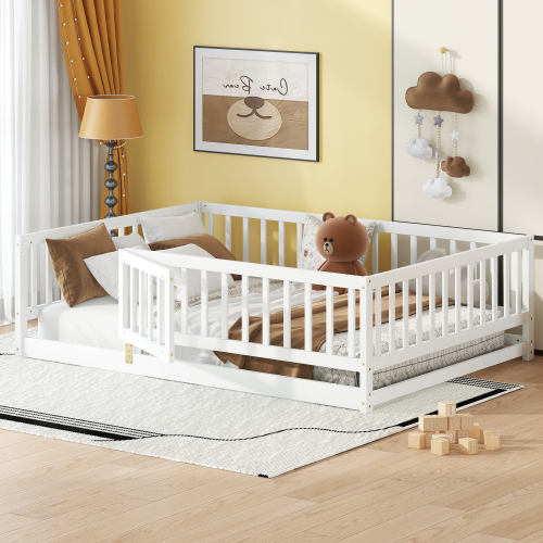 Full Size Floor Bed with Slats, Montessori Floor Bed with Fence and Door, Kids Montessori Bed Full Size, Wood Montessori Floor Bed for Kids, Girls, Boys(White) - Pine