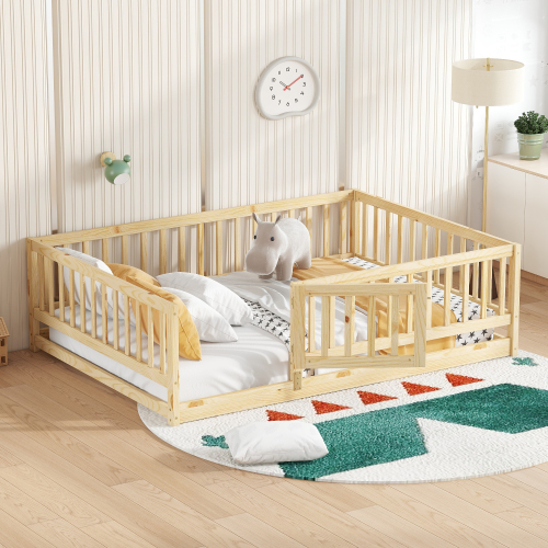 Full Size Floor Bed with Slats, Montessori Floor Bed with Fence and Door, Kids Montessori Bed Full Size, Wood Montessori Floor Bed for Kids, Girls, Boys,Oak - Pine