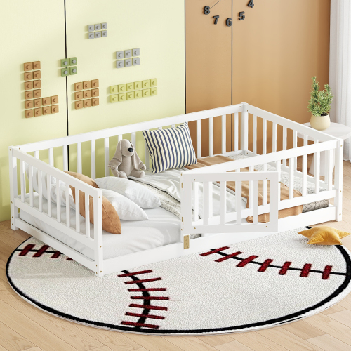 Twin Size Floor Bed with Slats, Montessori Floor Bed with Fence and Door, Kids Montessori Bed Twin Size, Wood Montessori Floor Bed for Kids, Girls, Boys(Twin White) - Pine