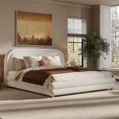 King Size Bed Frame With Boucle Upholstered Thick Curved Headboard, Solid Wood Legs, White - Boucle,Solid Wood+MDF
