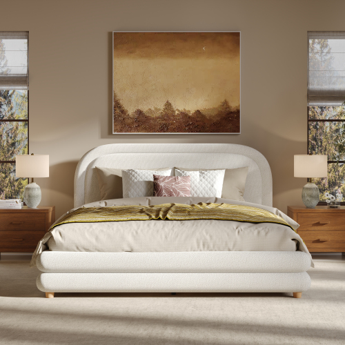 Queen Size Bed Frame With Boucle Upholstered Thick Curved Headboard, Solid Wood Legs, White - Boucle,Solid Wood+MDF