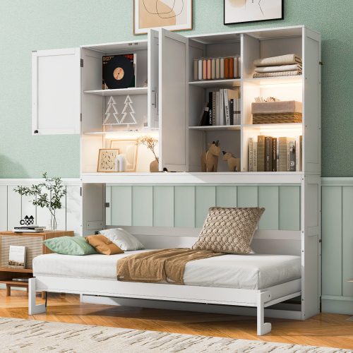 Twin Size Wall Murphy Bed with Top Cabinet, Shelves ,Space Saving Foldable Bed with Light & USB,White - MDF+LVL