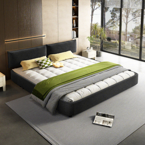 King Size Cloud Bed Frame with Oversized Padded Movable Headboard, Chenille Upholstered Bed with Round Corner,Metal + Solid Wooden Slat Double Support,No Box Spring Needed, Dark Grey - Box Spring Not Required