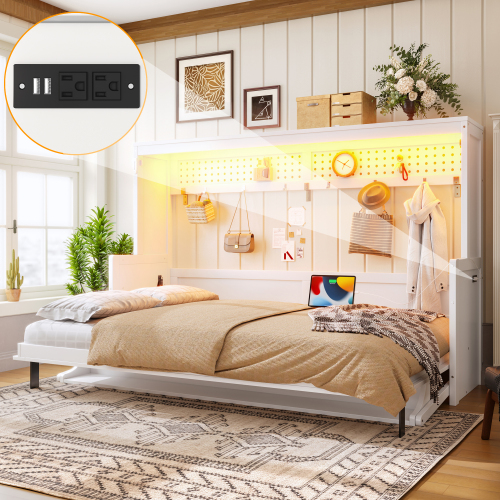 Full Size Murphy Bed with a desk, USB Charging Station,LED Lights ,White - MDF,Pine,Plywood - MDF