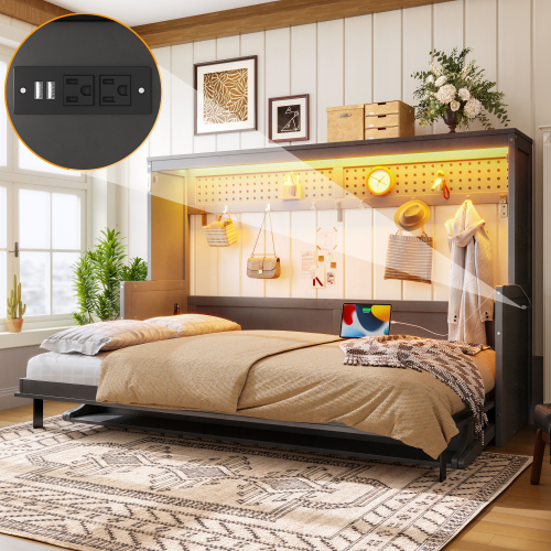 Full Size Murphy Bed with a desk, USB Charging Station,LED Lights,Dark Gray - MDF,Pine,Plywood - MDF