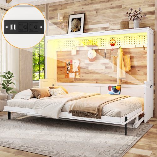 Queen Size Murphy Bed with a desk, USB Charging Station,LED Lights,White - MDF,Pine,Plywood - MDF