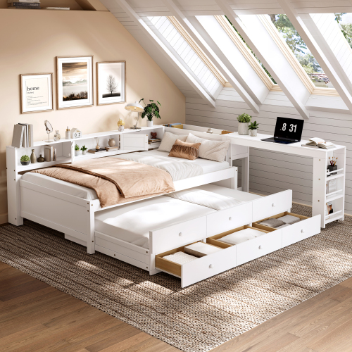 Twin Size Daybed With Trundle,Wood Daybed Frame with Storage Drawers,Side Shelves and Desk,White - MDF,Pine,Plywood - MDF