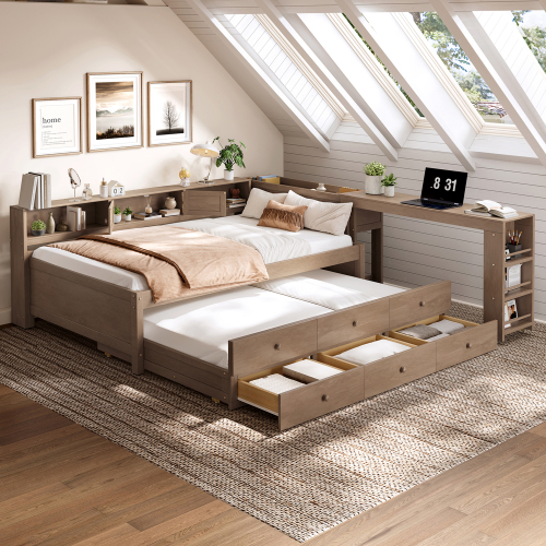 Twin Size Daybed With Trundle,Wood Daybed Frame with Storage Drawers,Side Shelves and Desk,Vintage Brown - MDF,Pine,Plywood - MDF