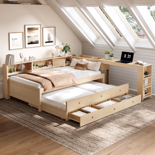 Twin Size Daybed With Trundle,Wood Daybed Frame with Storage Drawers,Side Shelves and Desk,Golden. - MDF,Pine,Plywood - MDF