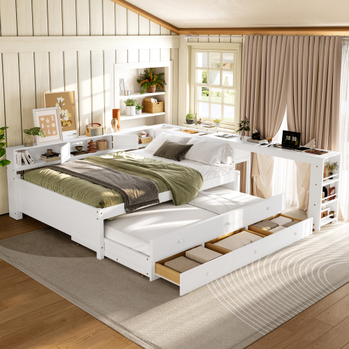 Full Size Daybed With Trundle,Wood Daybed Frame with Storage Drawers,Side Shelves and Desk,White - MDF,Pine,Plywood - MDF