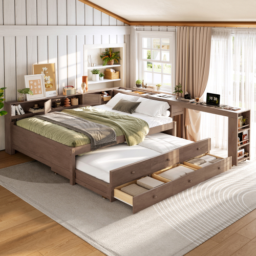 Full Size Daybed With Trundle,Wood Daybed Frame with Storage Drawers,Side Shelves and Desk,Vintage brown - MDF,Pine,Plywood - MDF