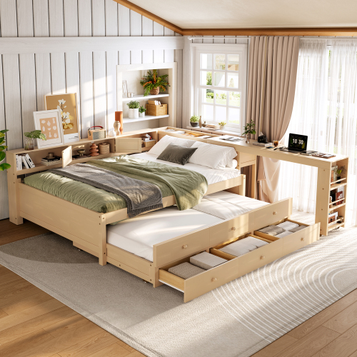 Full Size Daybed With Trundle,Wood Daybed Frame with Storage Drawers,Side Shelves and Desk,Golden - MDF,Pine,Plywood - MDF