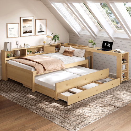 Twin Size Daybed With Trundle,Wood Daybed Frame with Storage Drawers,Side Shelves and Desk,Natural. - Light Natural - MDF,Pine,Plywood - Light Natural - MDF