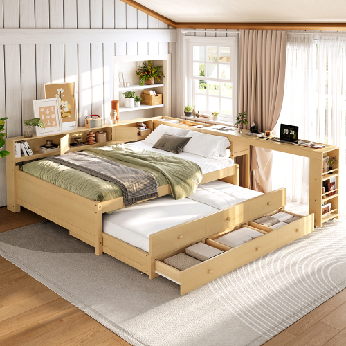 Full Size Daybed With Trundle,Wood Daybed Frame with Storage Drawers,Side Shelves and Desk,Natural - Light Natural - MDF,Pine,Plywood - Light Natural - MDF