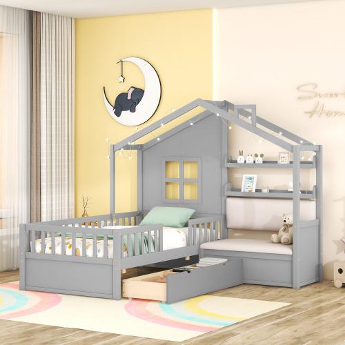 Twin Size House Bed with Sofa, Kids Platform Bed with Two Drawers and Storage Shelf, Gray (Old SKU:HL000065AAE) - Wood