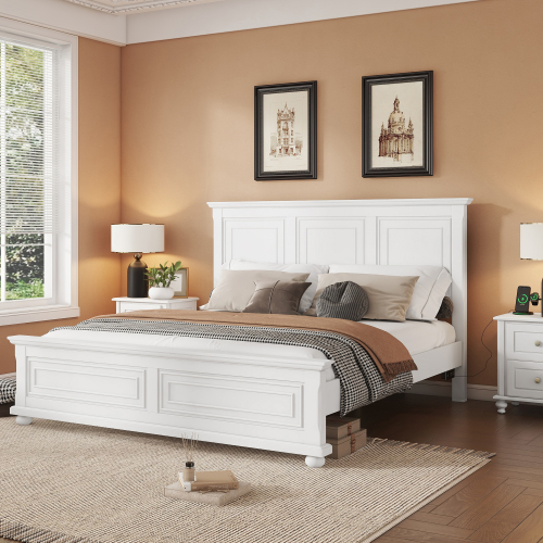 King Size Bed With Tall Headboard, And  Footboard, USB Charging Station, Pinewood Bed with Strengthened Bed Frame,White