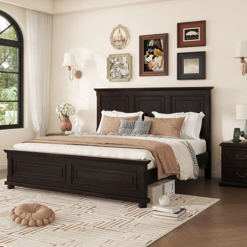 King Size Bed With Tall Headboard, And  Footboard, USB Charging Station, Pinewood Bed with Strengthened Bed Frame ,Rich Brown