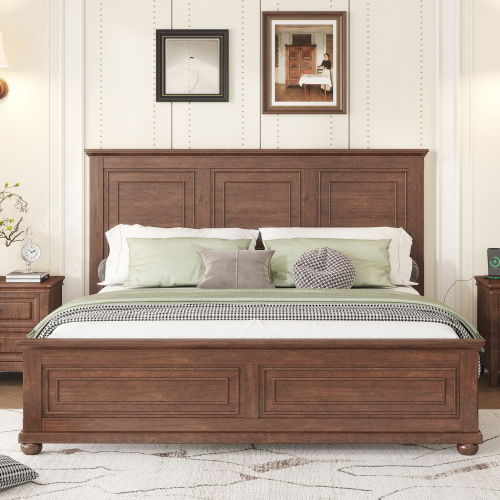 King Size Bed With Tall Headboard, And Footboard, USB Charging Station, Pinewood Bed with Strengthened Bed Frame,Walnut