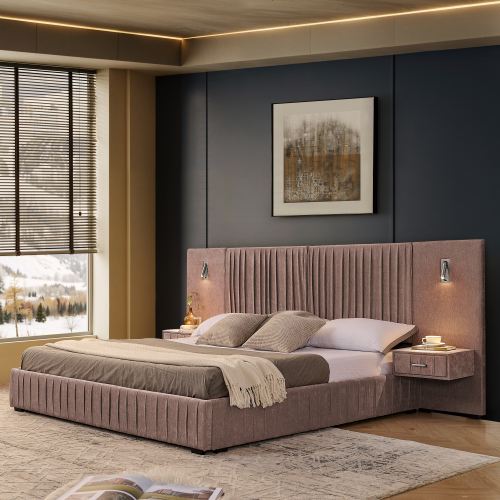 King Size Upholstered Bed Frame with Chenille fabric with pleated design,Grounded King Size Platform Bed with Headboard and Solid Frame and the bedside table.No Box Spring Needed-Pink - Foam - Foam