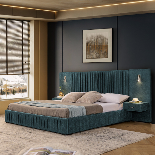 King Size Upholstered Bed Frame with Chenille fabric with pleated design,Grounded King Size Platform Bed with Headboard and Solid Frame and the bedside table.No Box Spring Needed-Blue-Green - Foam - Foam