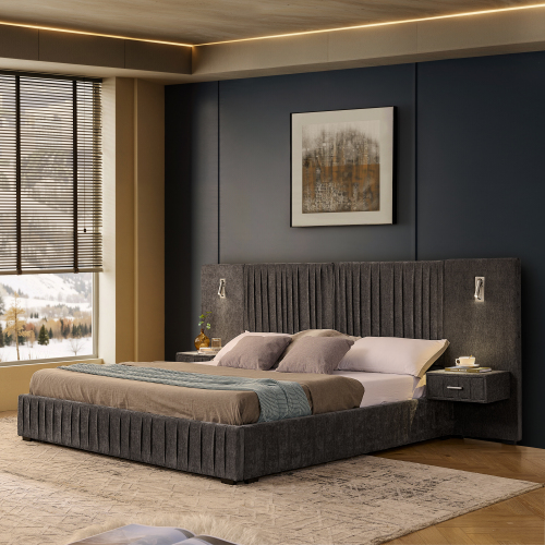 King Size Upholstered Bed Frame with Chenille fabric with pleated design,Grounded King Size Platform Bed with Headboard and Solid Frame and the bedside table.No Box Spring Needed-DARK GREY - Foam - Foam