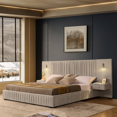 King Size Upholstered Bed Frame with Chenille fabric with pleated design,Grounded King Size Platform Bed with Headboard and Solid Frame and the bedside table.No Box Spring Needed-Beige - Foam - Not Specified