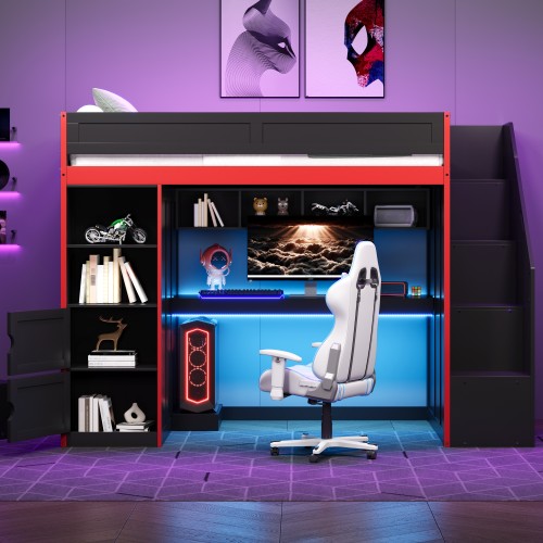 Gaming Loft Bed with Desk and Storage,LED Lights, Twin - Black - Solid Wood+MDF - Black - Wood