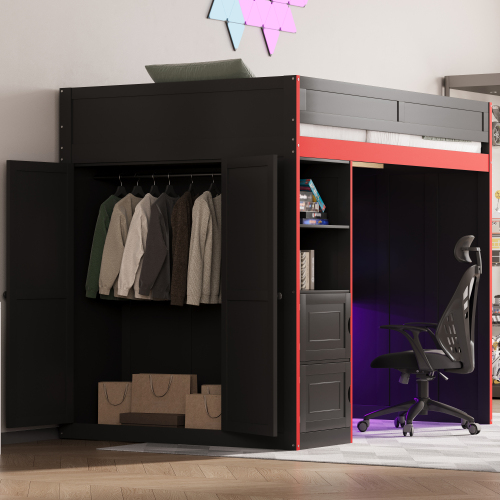 Gaming Loft Bed with Desk and Storage,LED Lights, Full - Black - Wood - Black - Wood