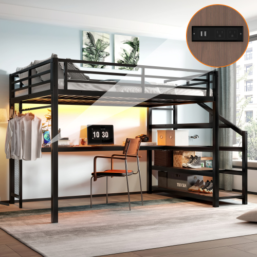 Queen Loft Bed with Desk and Storage Stairs, Metal Loft Beds with LED Lights, USB Ports, Multifunctional Iron Nets, No Spring Box Needed and Noise-free, Black - MDF+Metal