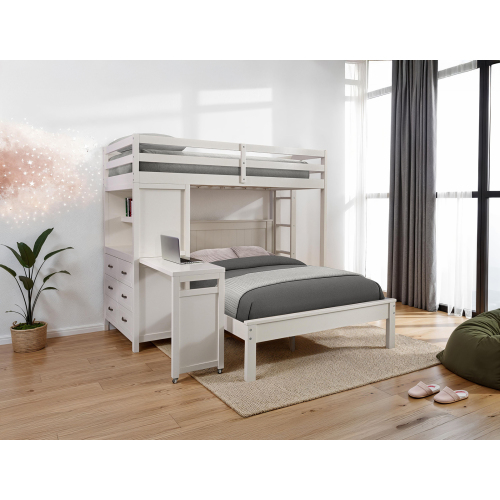 Contemporary Style Twin Over Full Bunk Bed 3-Drawers Cabinets Open Shelf Attached Ladder Built In Desk White Finish Bedroom Furniture - Engineered Wood,Pine