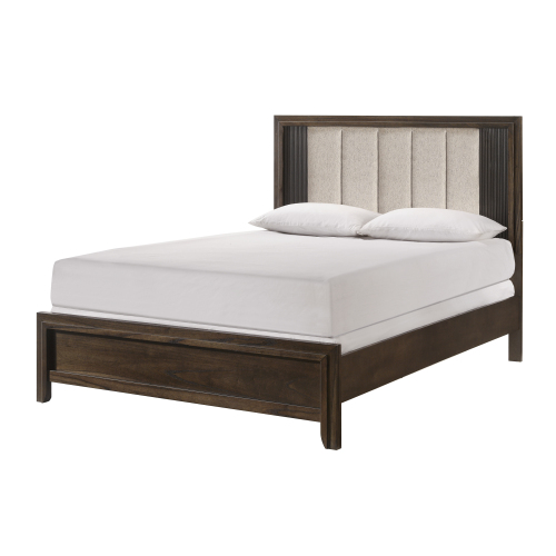1pc Queen Size Bed Rich Wood Finish Sleek Linear Details Rustic Charm Plush Upholstered Headboard Framed Deep Tones Brown - Contemporary - Bedroom - Not Specified - Box Spring Required